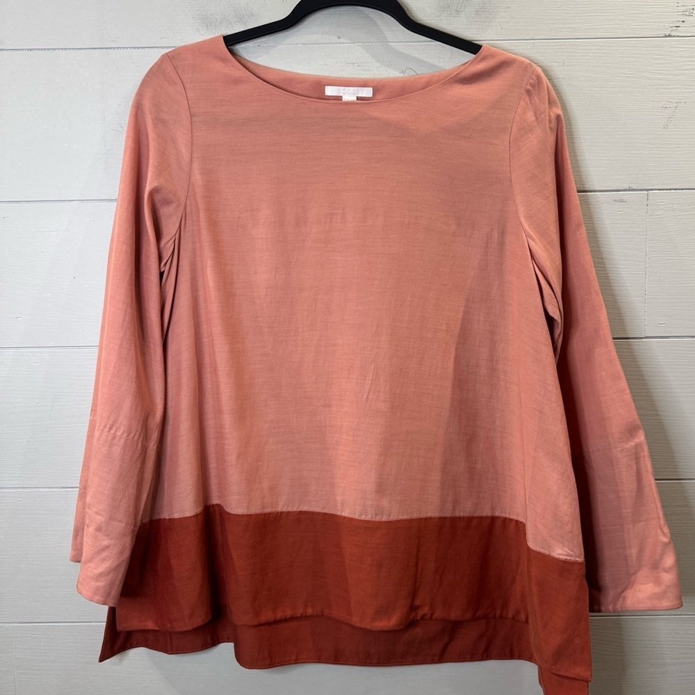 COS Cupro & Cotton Blend Blouse Featuring A Contrasting Color-block Hem Size 6